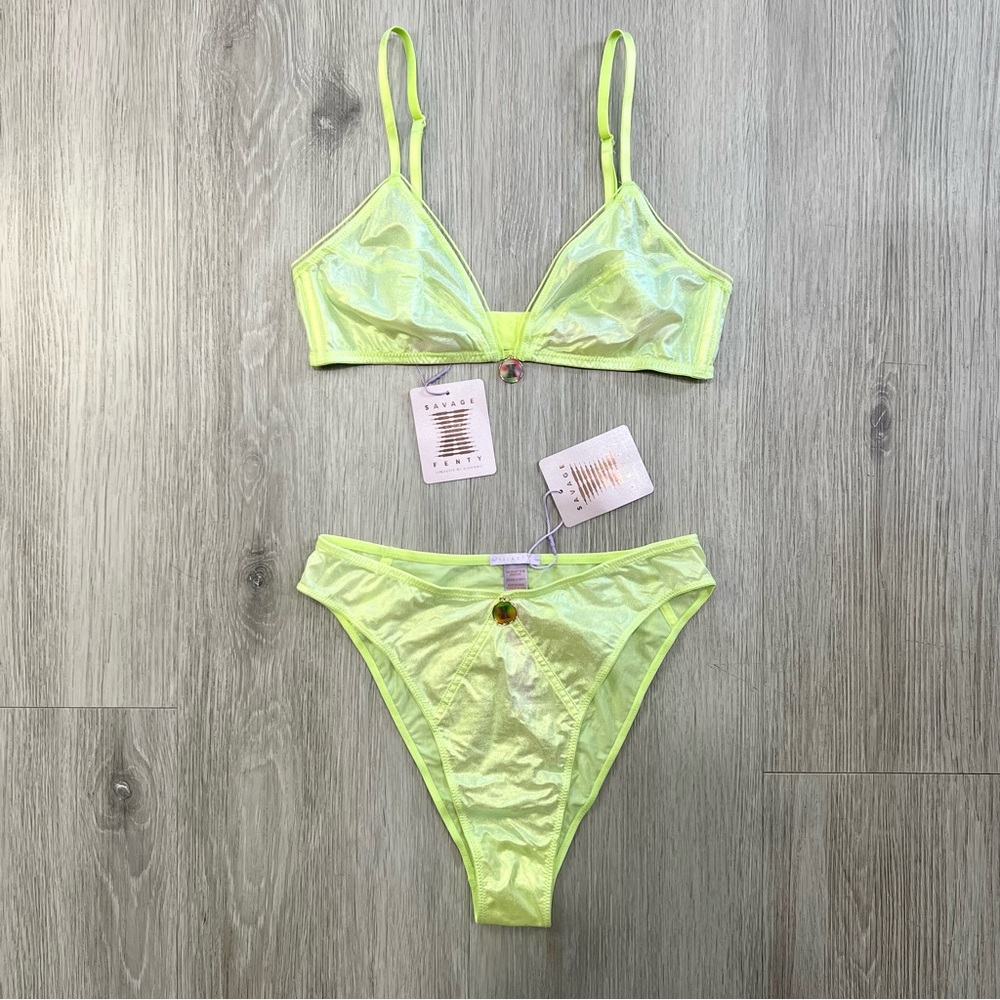 Savage X Fenty Neon Yellow Shimmer Bralette & High-Cut Bikini Set